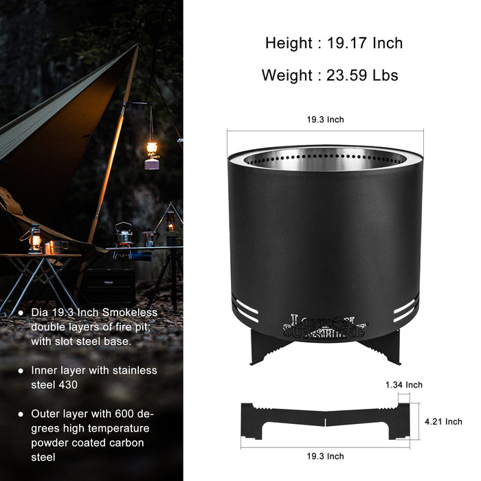 London Sunshine Portable Smokeless Fire Pit with Pull-out Ash Pan - Large Stainless Steel Wood Burning Fireplace for Outdoor Use