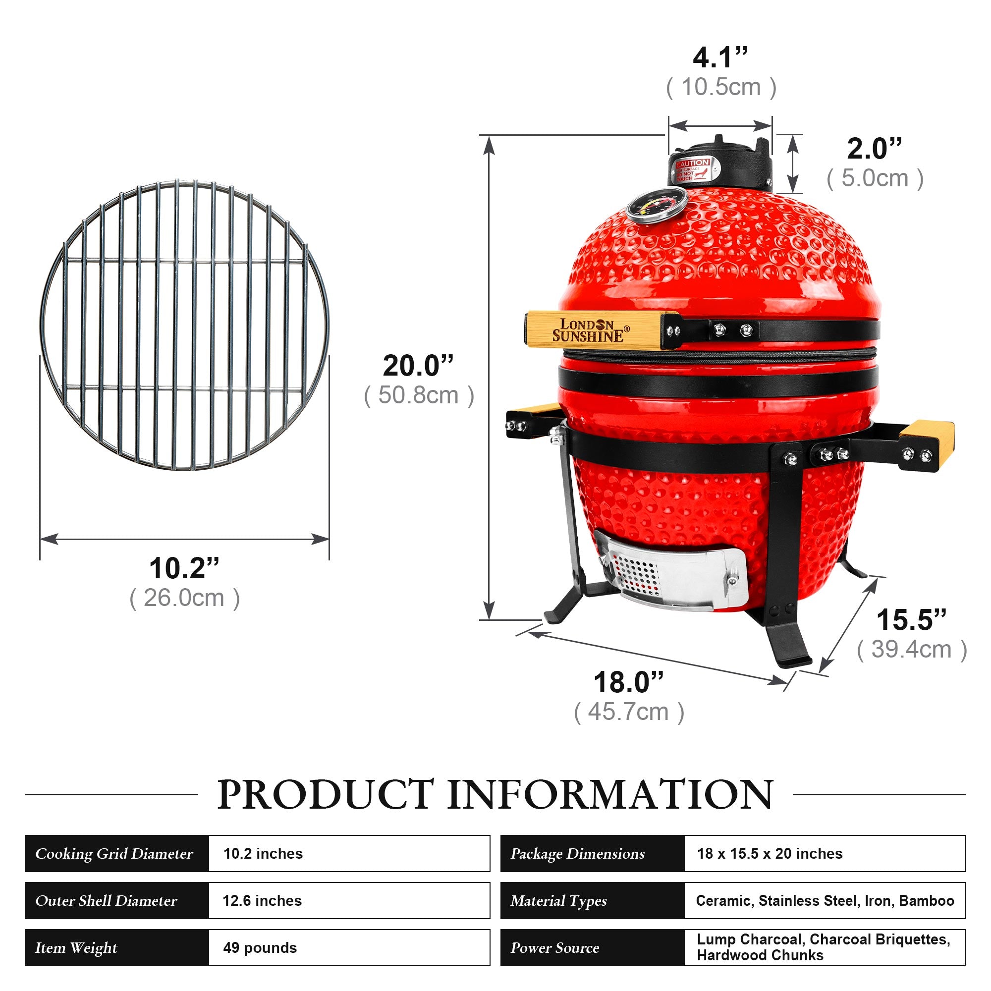 Ceramic 13″ Kamado BBQ Smoker Grill with Tabletop Stand - Colors: Red/Black/Orange/Green