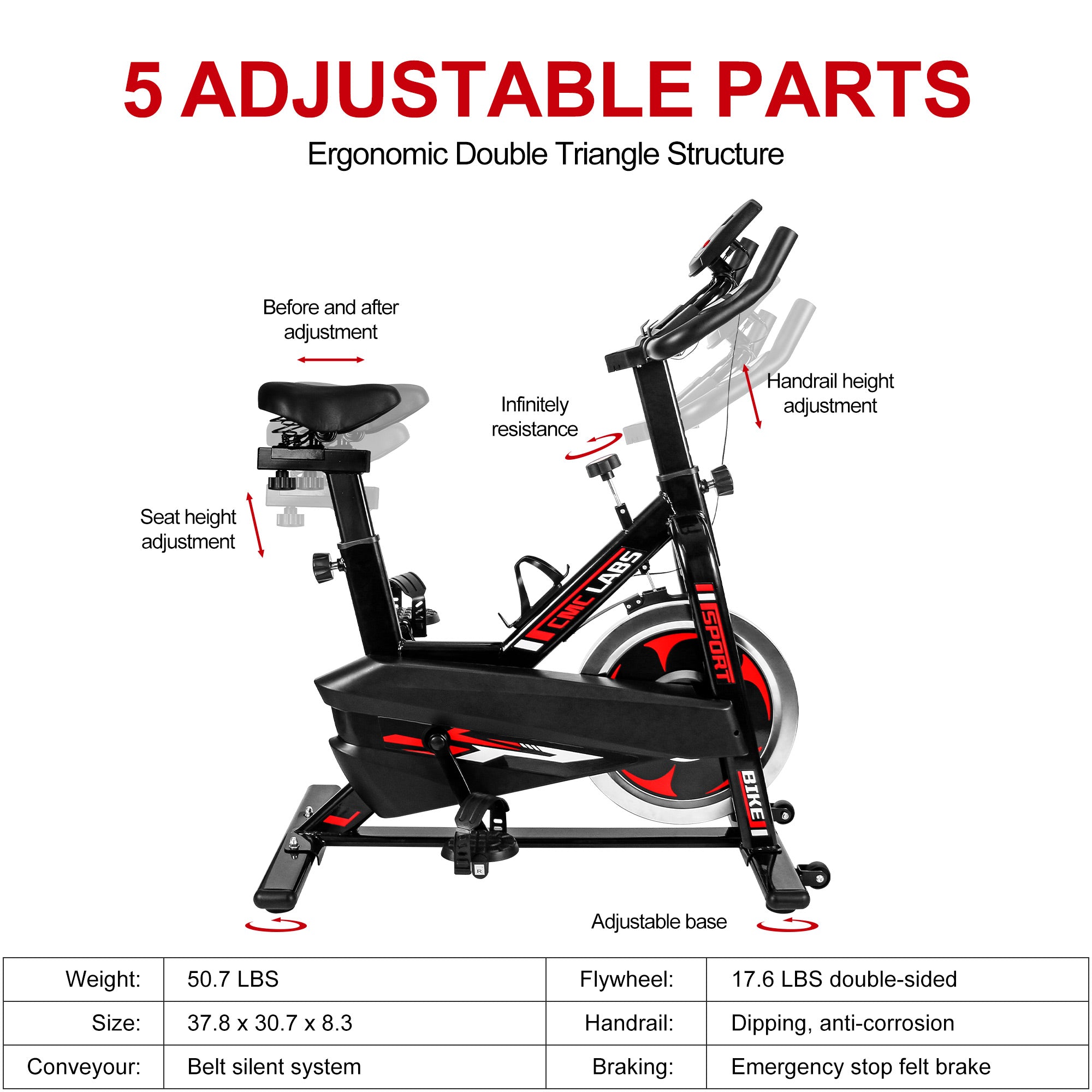 CMCLABS Spin Bike, Brake Pad Stationary Bike for Home, Indoor Cycling Bike with Heavy Flywheel, Comfortable Seat Cushion，Exercise Bike