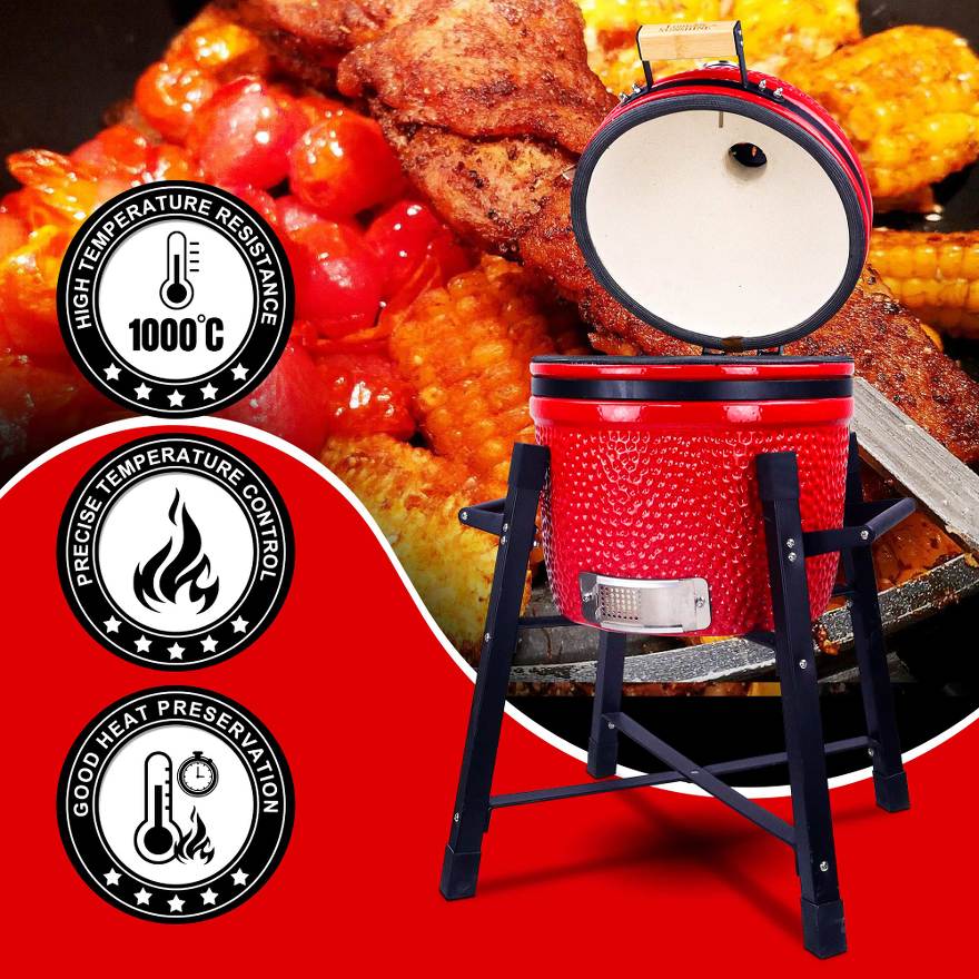 Ceramic 15″ Kamado BBQ Smoker Grill with Stand - Colors: Red/Black/Orange/Green