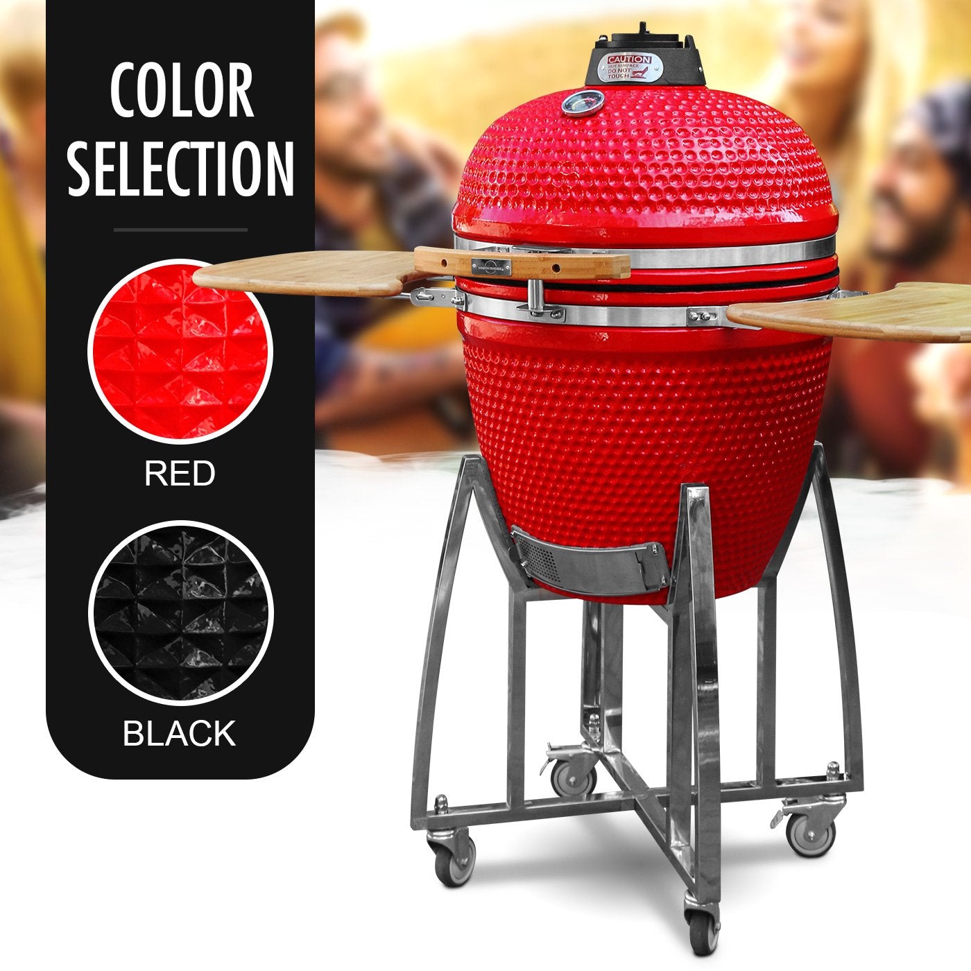 Ceramic 18″ Kamado BBQ Smoker Grill with Stand and Bamboo Sideboard - Colors: Red/Black/Orange/Green