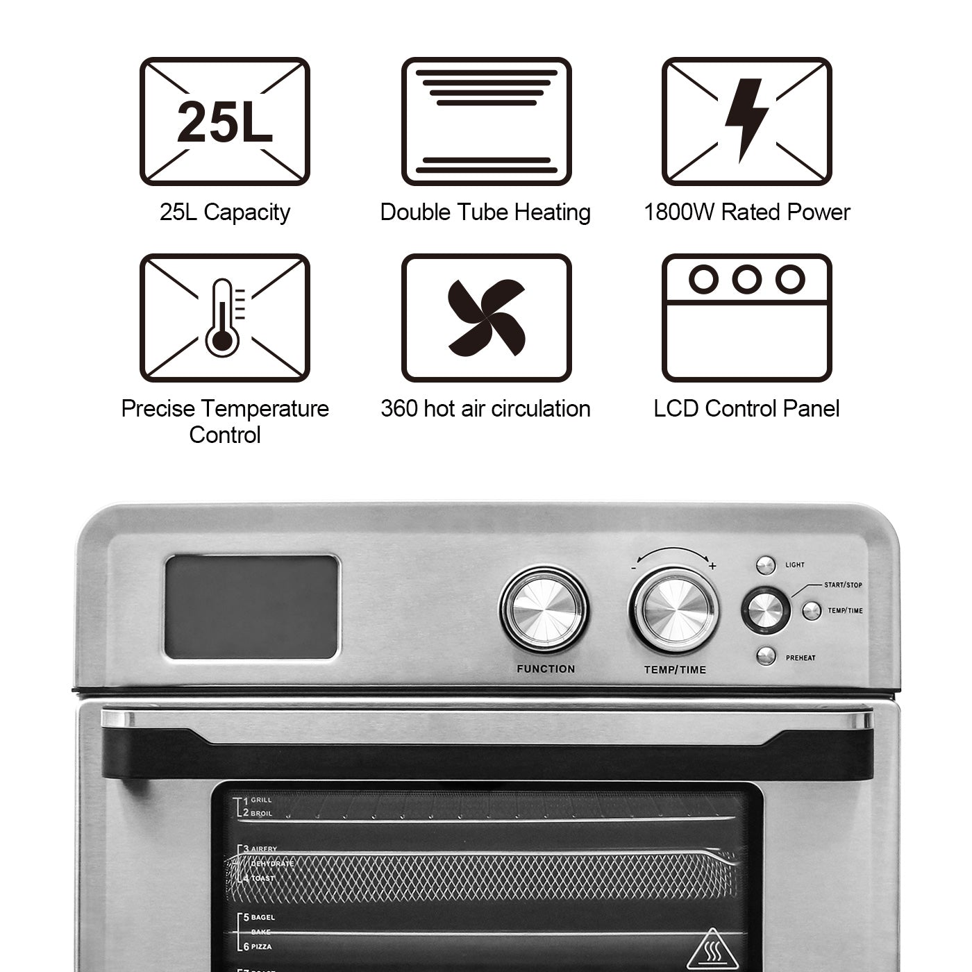 LCD Display Controlled Air Fryer Convection Oven - Stainless Steel 26.4 QT with 21 Preset Cooking Menu