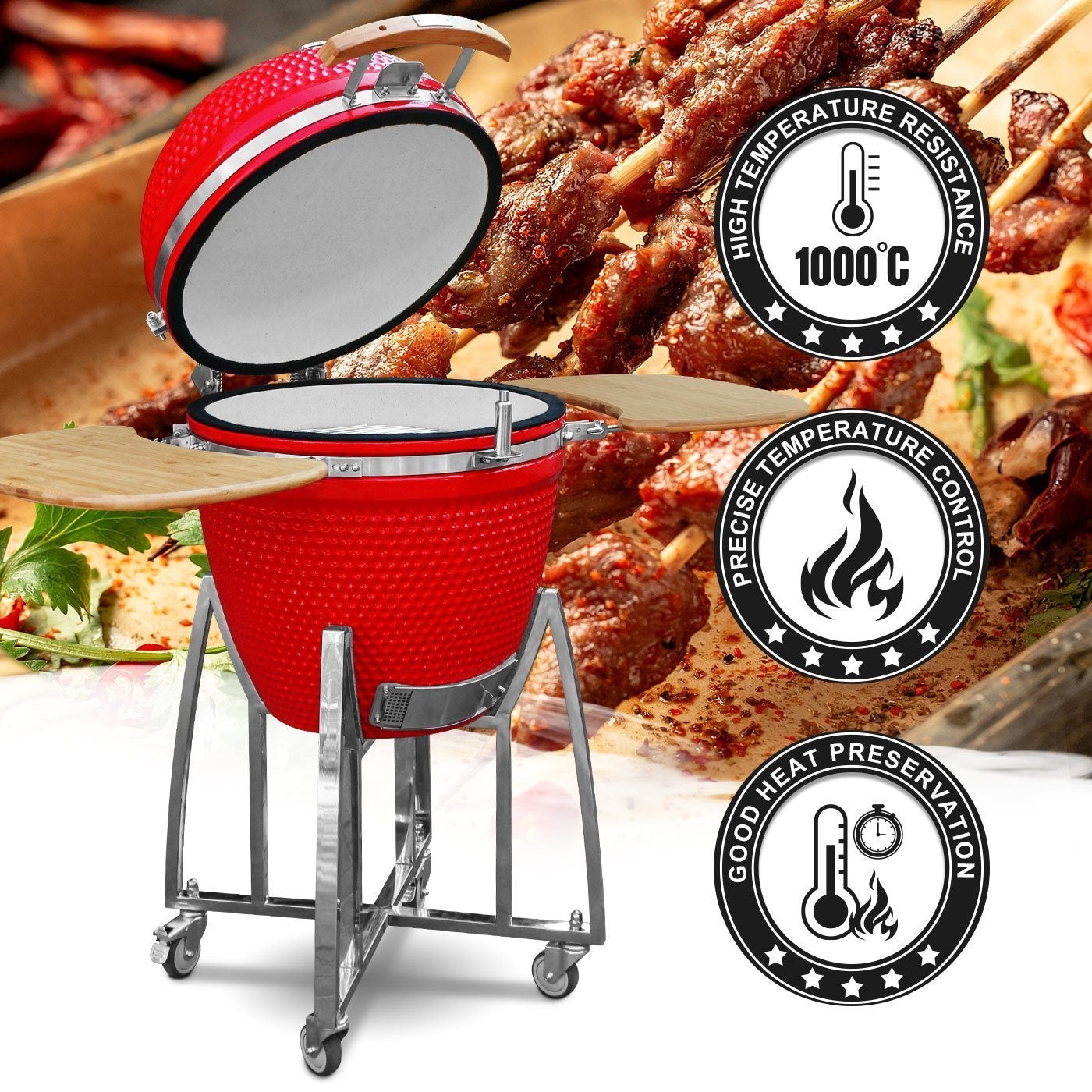 Ceramic 18″ Kamado BBQ Smoker Grill with Stand and Bamboo Sideboard - Colors: Red/Black/Orange/Green